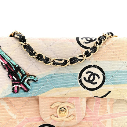 Chanel Canvas Small Printed Eiffel Tower Flap Bag Beige Multicolor
