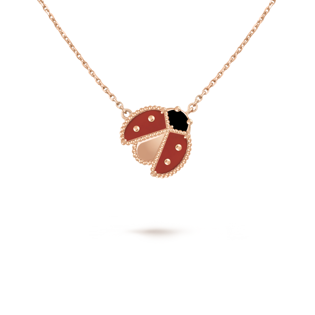 18K Rose Gold Carnelian Onyx VCA Lucky Spring Open Wings Ladybug Pendant