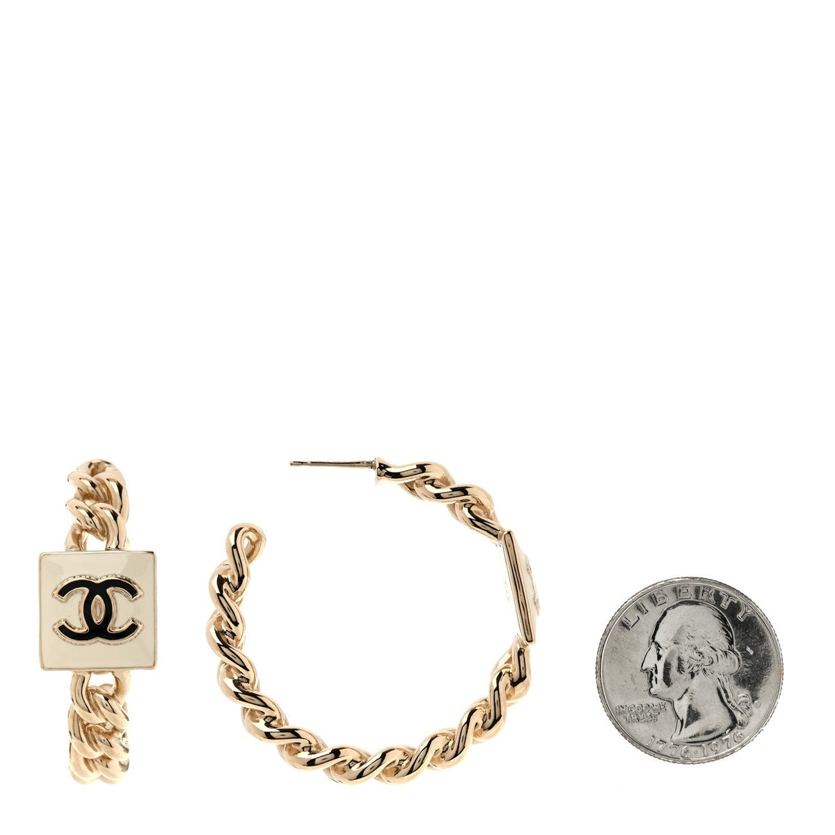 Chanel Metal Enamel CC Chain Hoop Earrings Gold Black White