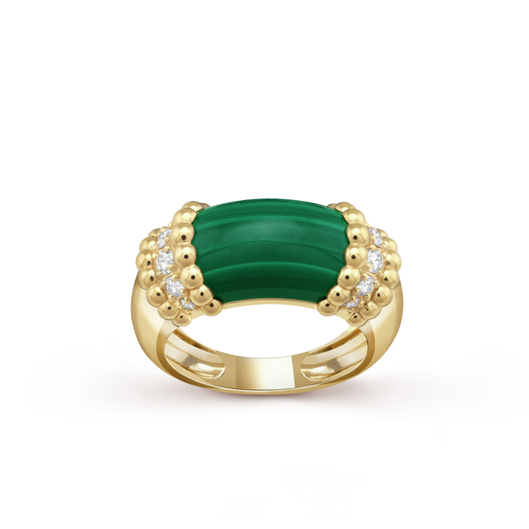 18K Yellow Gold Diamond Malachite VCA Perlée Couleurs Ring