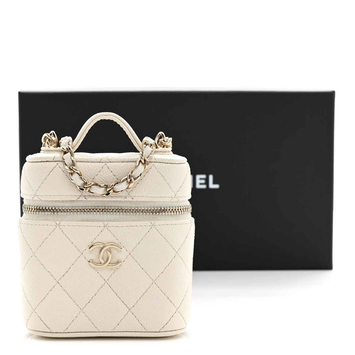 Chanel Caviar Quilted Small Handle With Care Vanity Case White