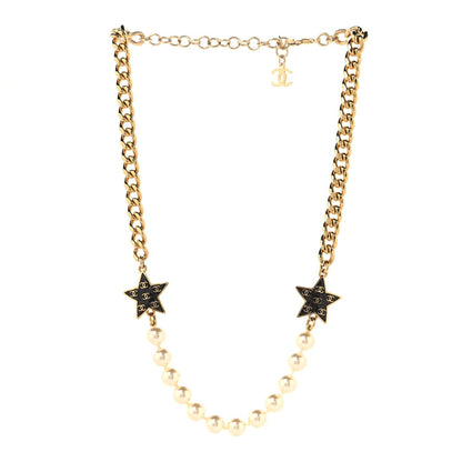 Chanel Metal Enamel Pearl Star CC Necklace Gold White