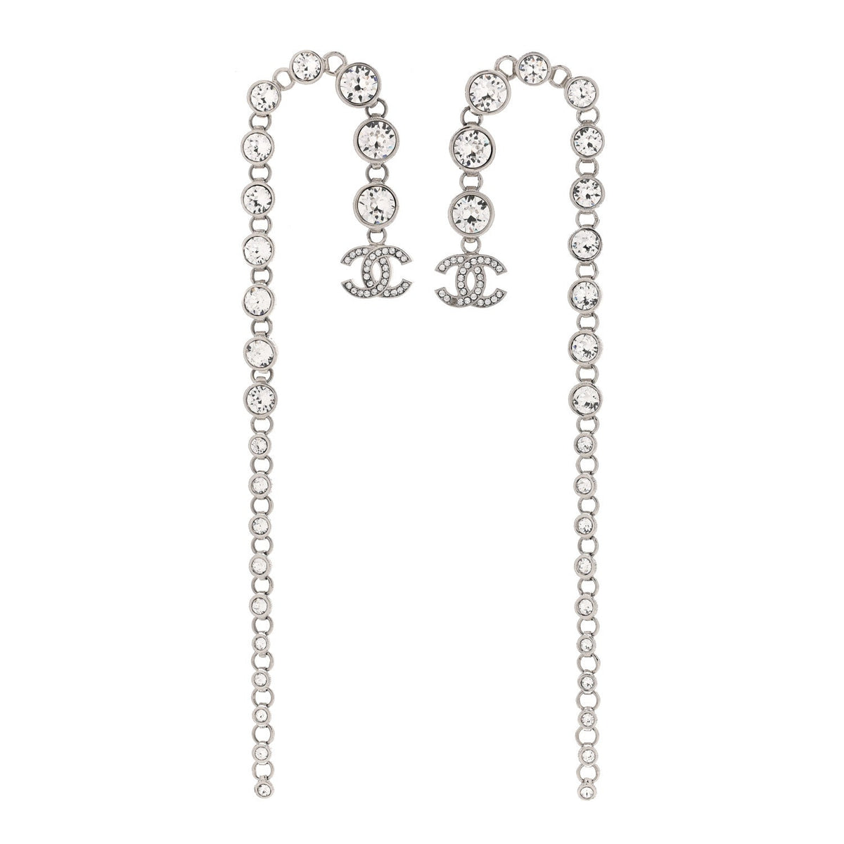 Chanel Crystal CC Long Drop Earrings Silver
