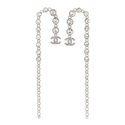 Chanel Crystal CC Long Drop Earrings Silver