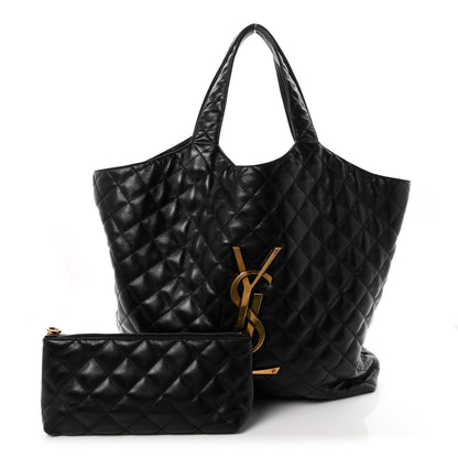 Saint Laurent Lambskin Quilted Maxi Icare Shopping Tote Black