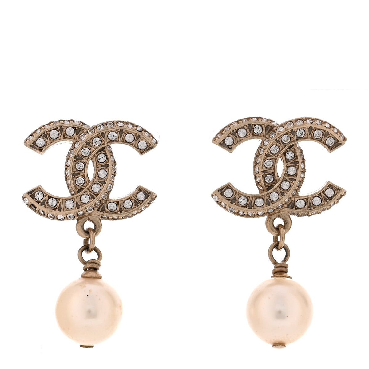 Chanel Crystal Timeless CC Pearl Drop Earrings Light Gold