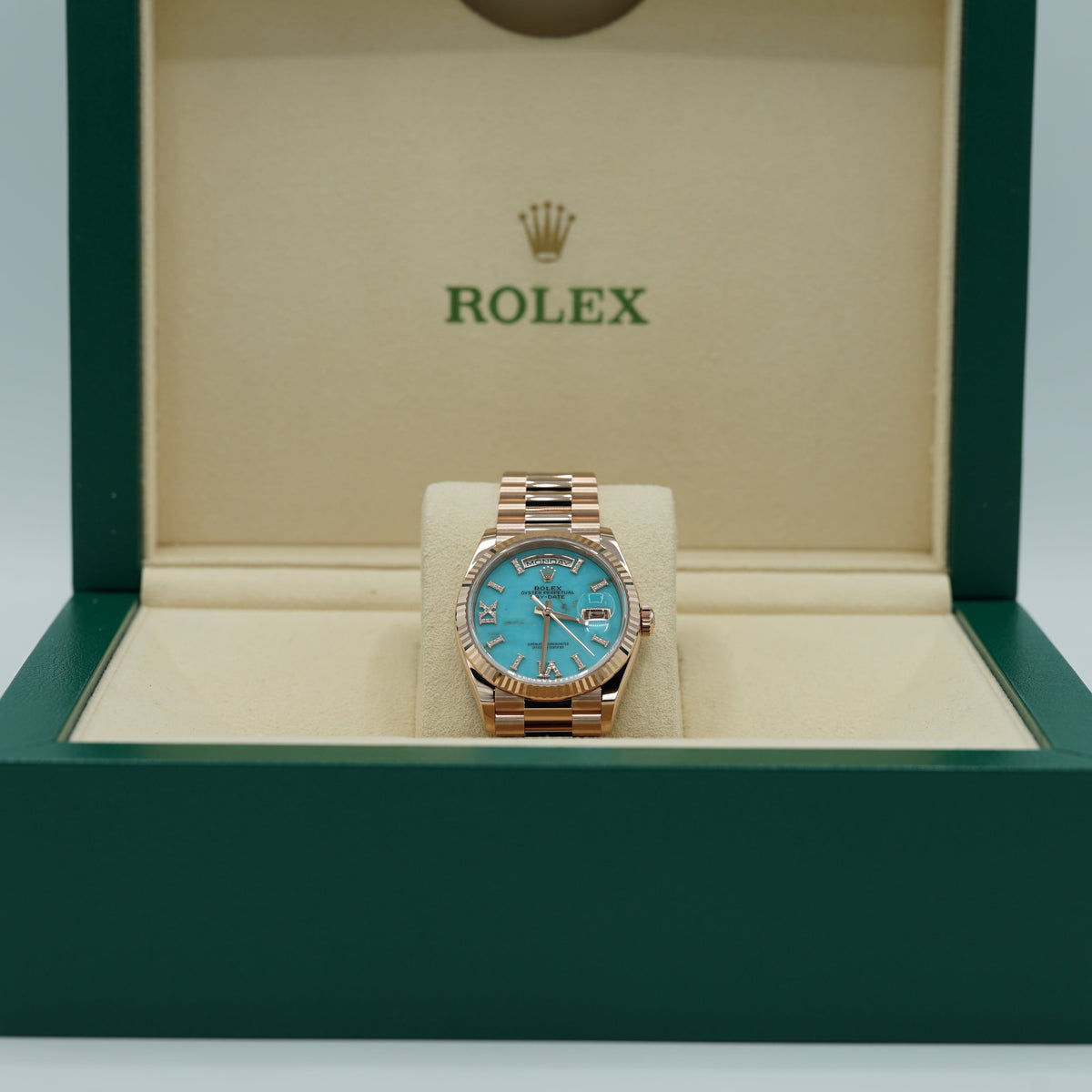 Rolex Day-Date 36 mm Turquoise Diamonds 18k Everose Gold President 128345rbr-0064