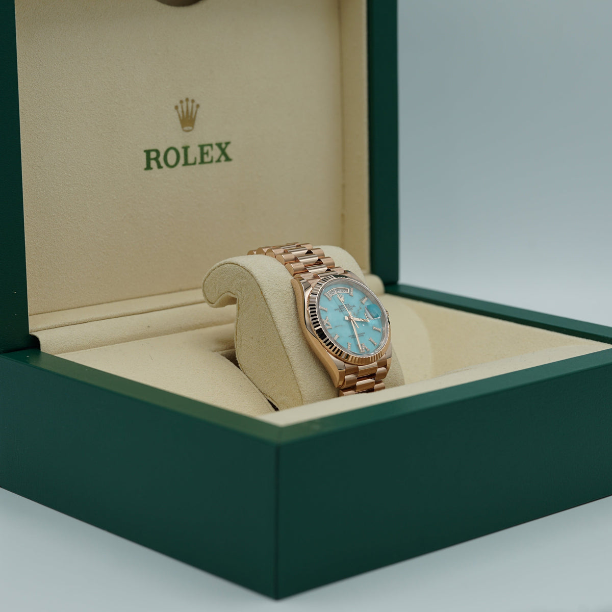 Rolex Day-Date 36 mm Turquoise Diamonds 18k Everose Gold President 128345rbr-0064