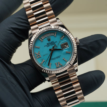 Rolex Day-Date 36 mm Turquoise Diamonds 18k Everose Gold President 128345rbr-0064
