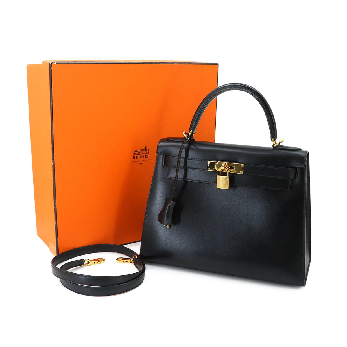 Kelly Handbag Black Box Calf with Gold Hardware 28