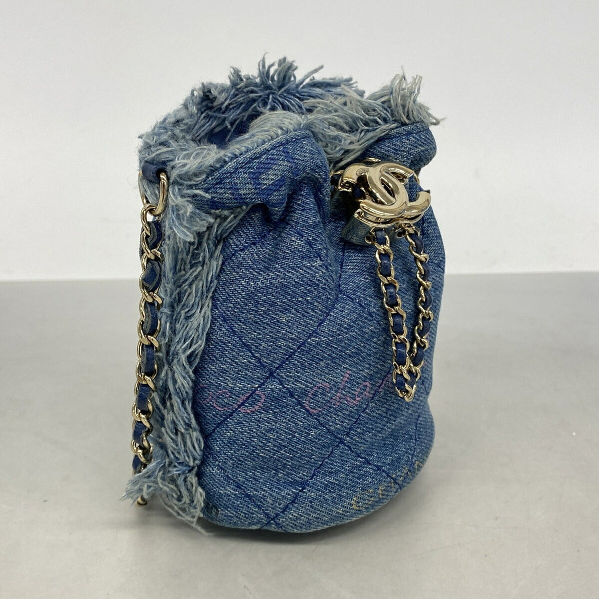 Denim Mood Chain Bucket Bag Logo Printed Quilted Fringe Denim Small