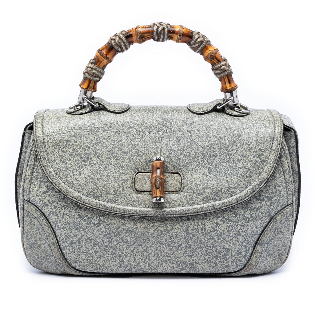New Convertible Bamboo Top Handle Bag Speckled Leather Large