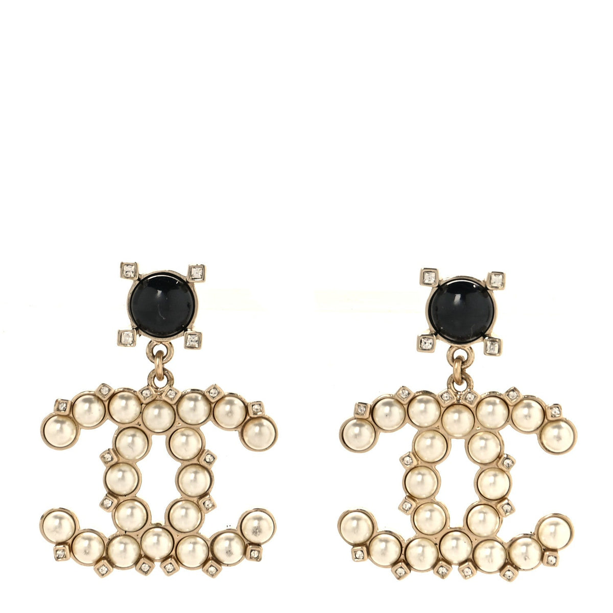 Chanel Resin Crystal Pearl CC Drop Earrings Black Gold