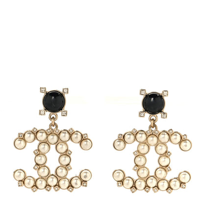 Chanel Resin Crystal Pearl CC Drop Earrings Black Gold