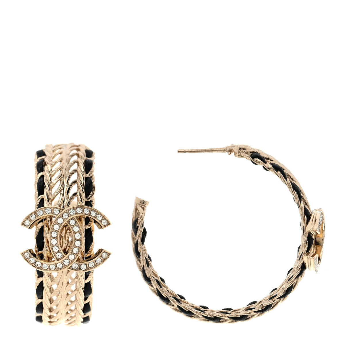 Chanel Crystal Lambskin CC Double Chain Hoop Earrings Gold Black