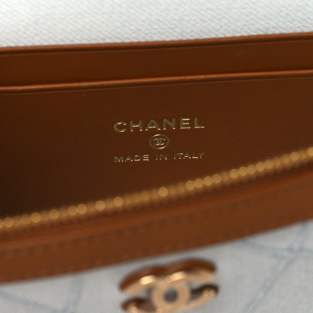 Chanel Washed Denim Calfskin Quilted Slim Vanity Case Blue Brown