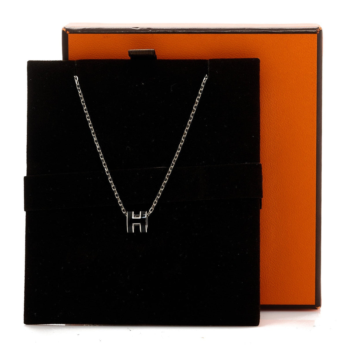 Hermes Lacquered Palladium Mini Pop H Pendant Necklace Black