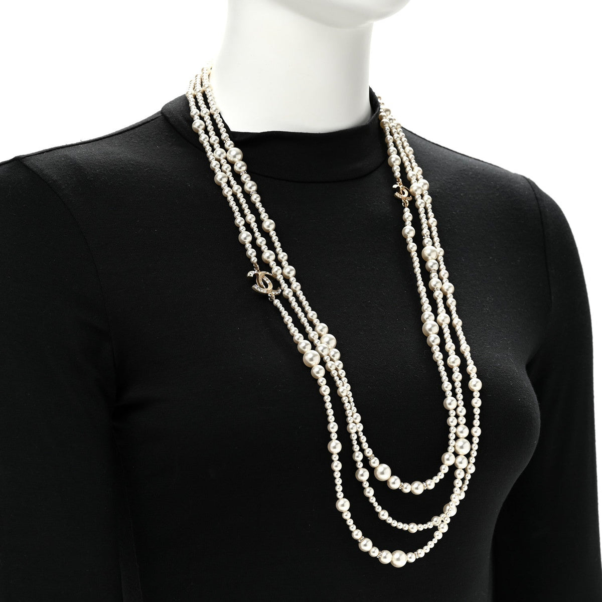 Chanel Metal Pearl Crystal Graduated CC Multi Strand Necklace Gold