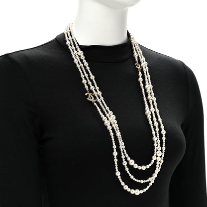 Chanel Metal Pearl Crystal Graduated CC Multi Strand Necklace Gold