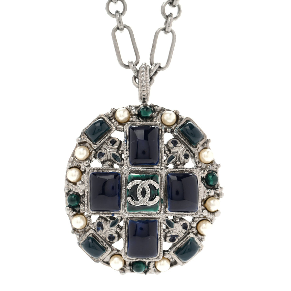 Chanel Gripoix Poured Glass Pearl CC Necklace Silver
