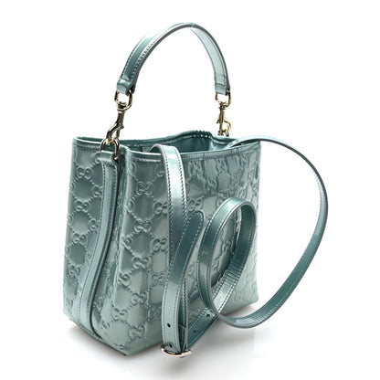 Gucci Patent GG Emblem Small Bucket Bag Light Blue