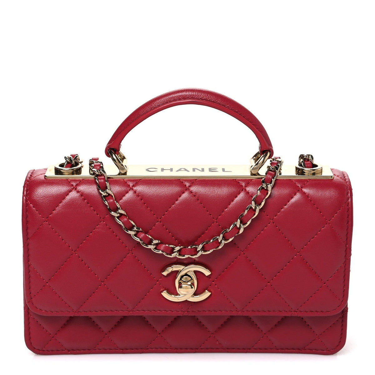 Chanel Lambskin Quilted Trendy CC Dual Handle Clutch With Chain Red