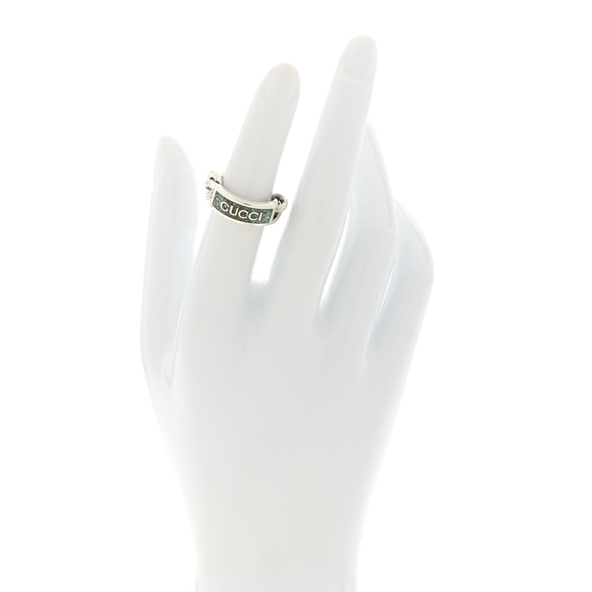 Gucci Sterling Silver Enamel Logo Chain Ring 49 4.75 Turquoise