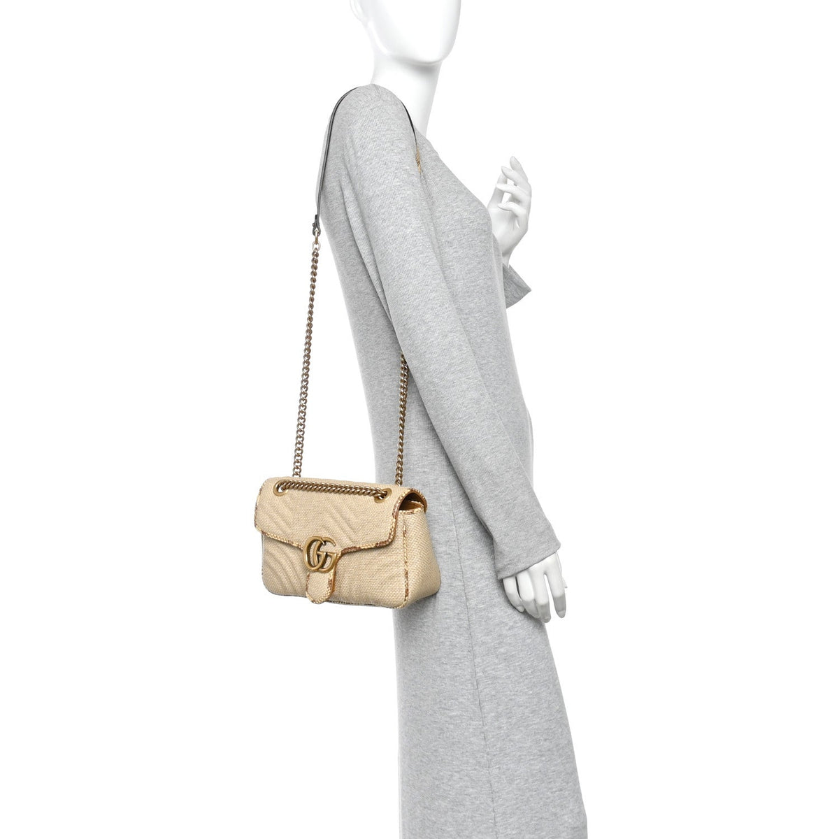 Gucci Raffia Elaphe Matelasse Small GG Marmont Shoulder Bag Natural Cream Brown