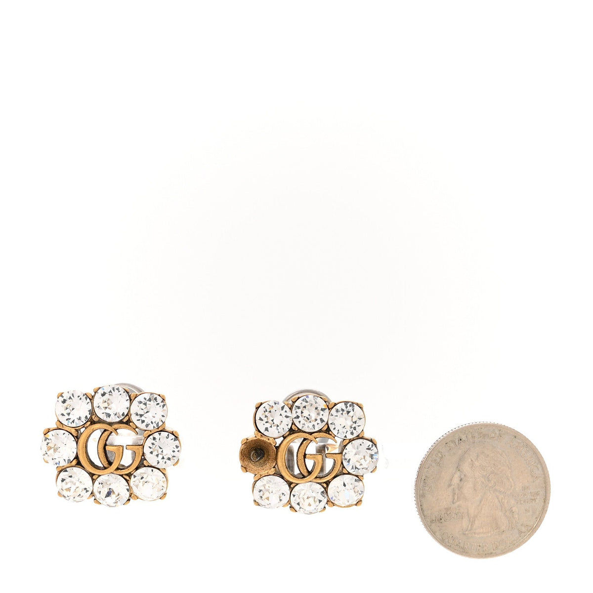 Gucci Metal Crystal Double G Clip On Earrings Aged Gold