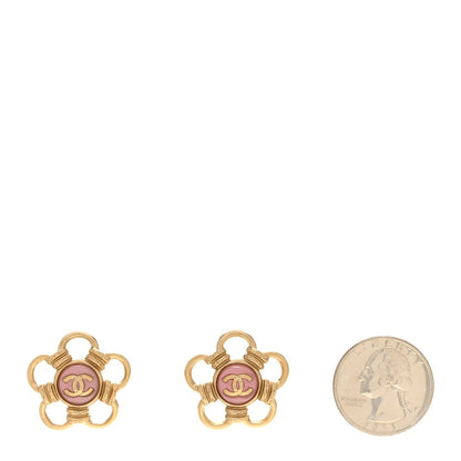 Chanel Metal Resin CC Flower Earrings Gold Pink
