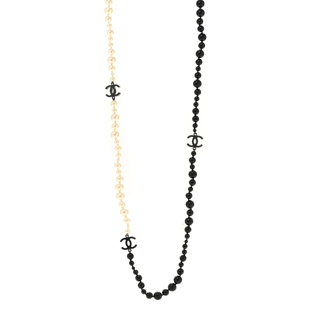 Chanel Ruthenium Pearl Beaded Enamel CC Long Necklace White Black