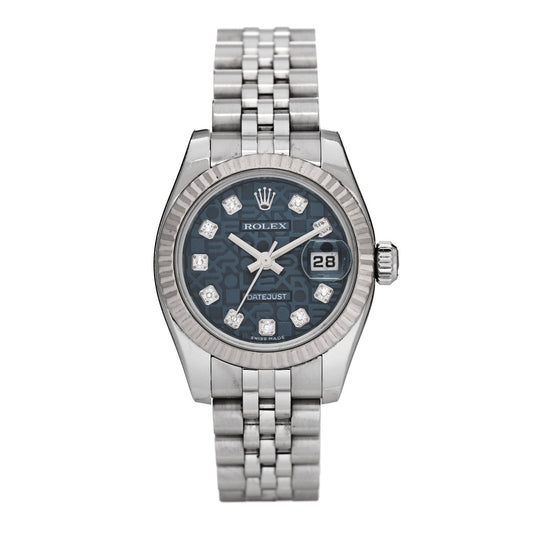 Rolex Stainless Steel 18K White Gold Diamond 26mm Datejust Watch Blue Jubilee 179174