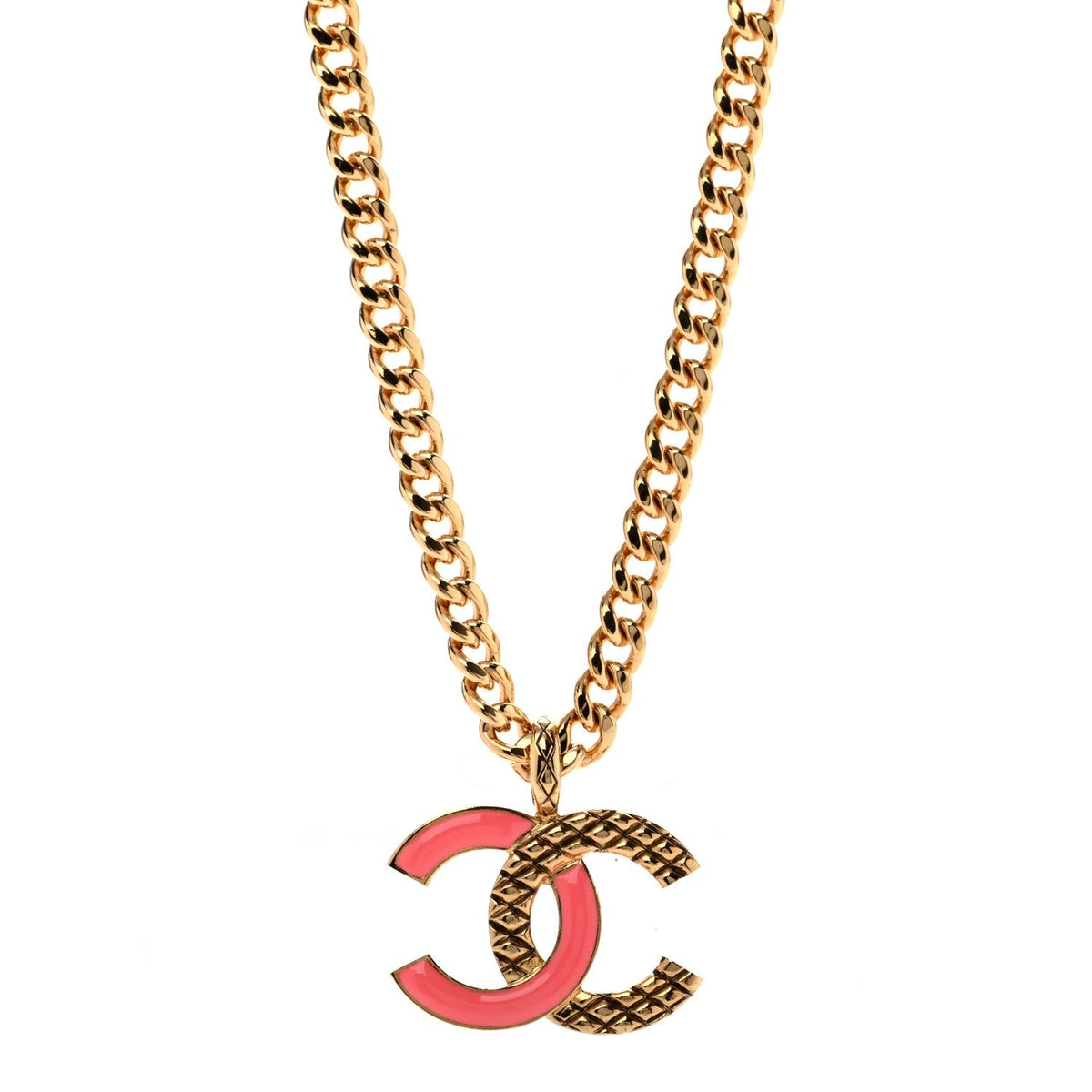 Chanel Metal Enamel Quilted CC Chain Pendant Necklace Gold Pink