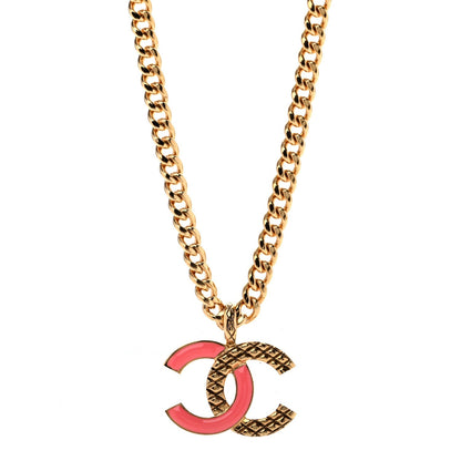 Chanel Metal Enamel Quilted CC Chain Pendant Necklace Gold Pink