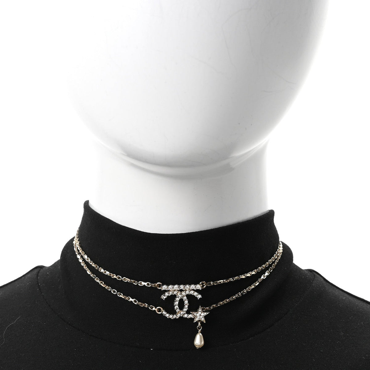 Chanel Metal Pearl Crystal CC Star Choker Necklace Gold