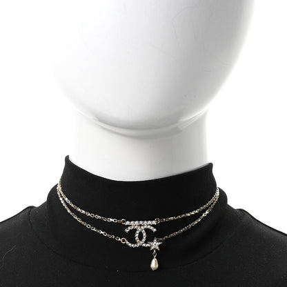 Chanel Metal Pearl Crystal CC Star Choker Necklace Gold