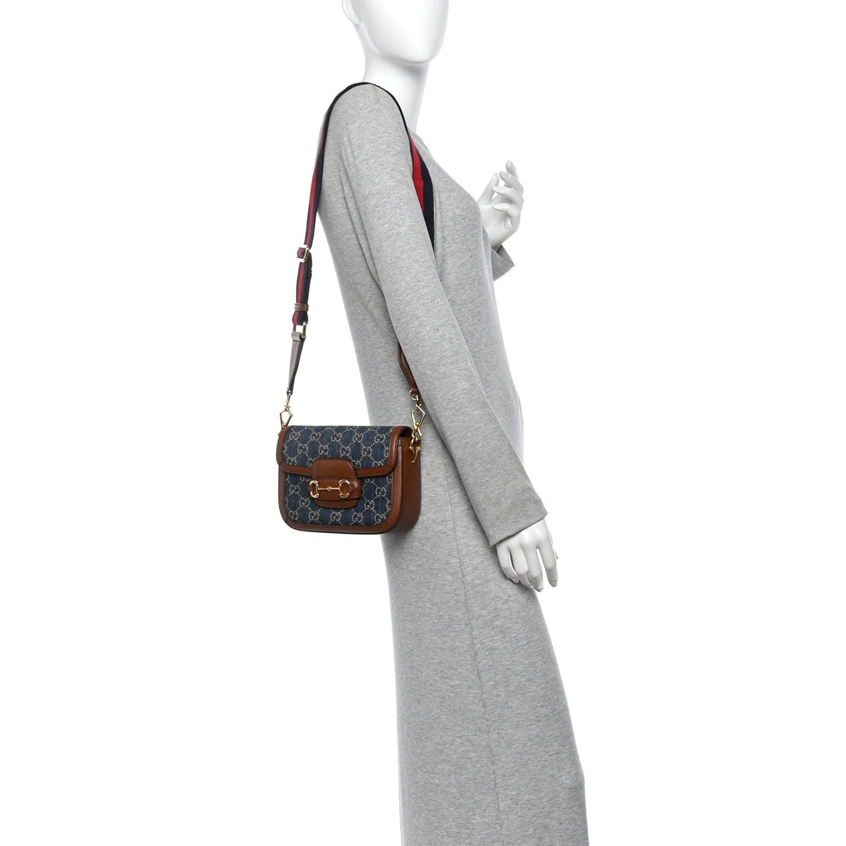 Gucci Denim Calfskin Mini Horsebit 1955 Shoulder Bag Blue Tea Cuir