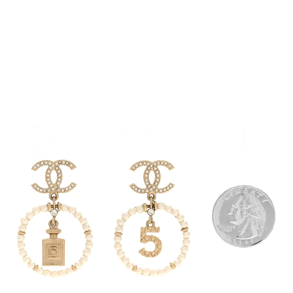Chanel Crystal Pearl Charms CC Drop Earrings Gold
