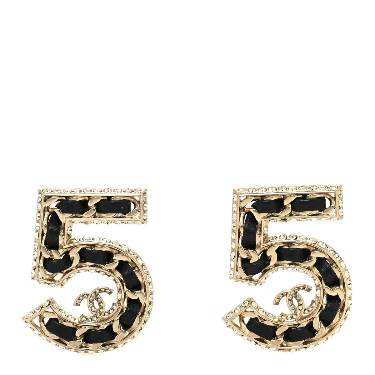 Chanel Crystal Lambskin Chain CC No 5 Drop Earrings Gold Black