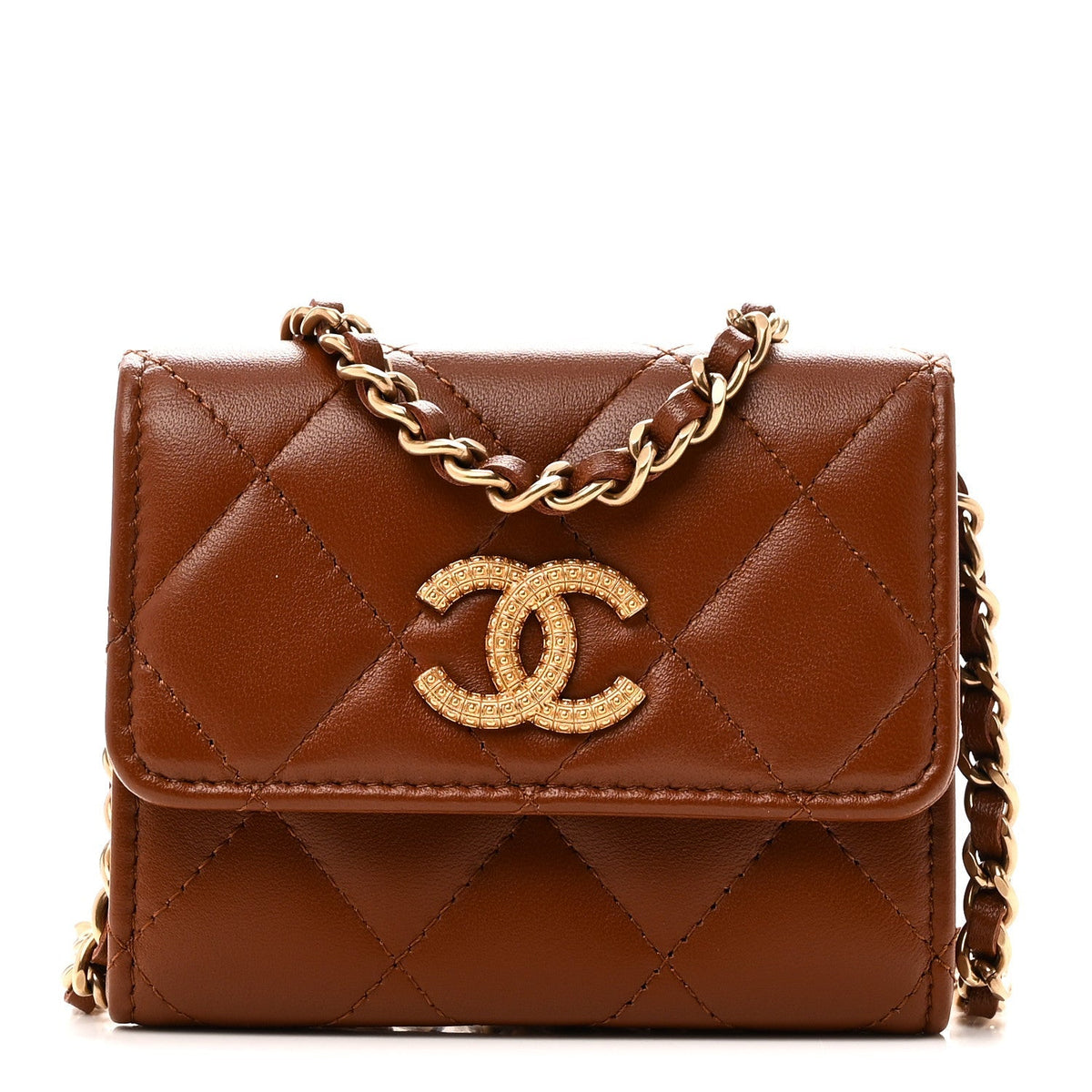 Chanel Lambskin Quilted Studded CC Clutch With Chain Brown