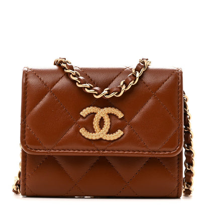 Chanel Lambskin Quilted Studded CC Clutch With Chain Brown