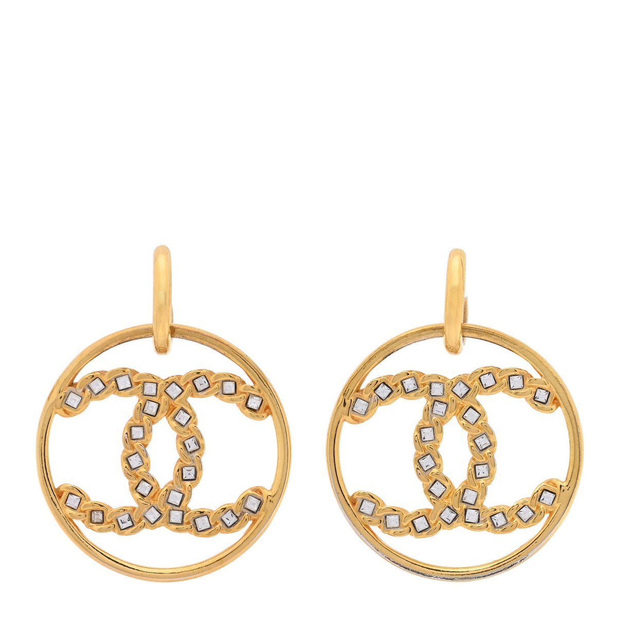 Chanel Crystal High Society CC Hoop Earrings Gold