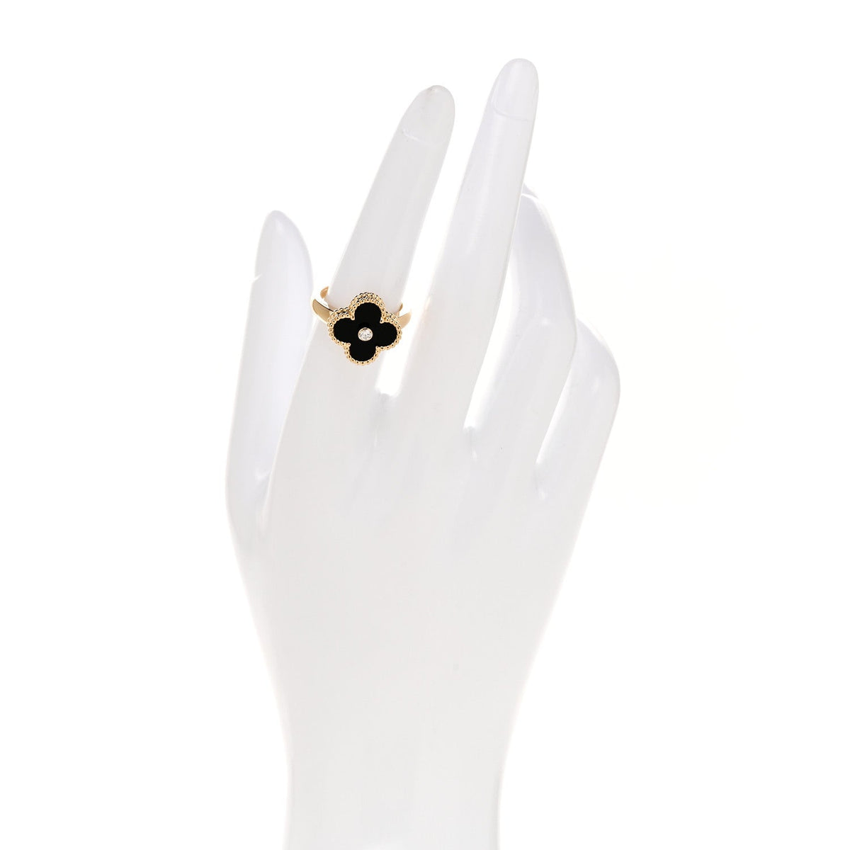 Van Cleef & Arpels 18K Yellow Gold Diamond Onyx Alhambra Ring 53 6.5