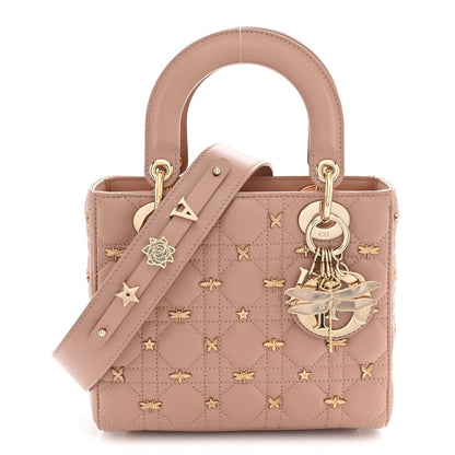 Christian Dior Lambskin Cannage Dragonfly Studs Small Lady Dior Rose Des Vents