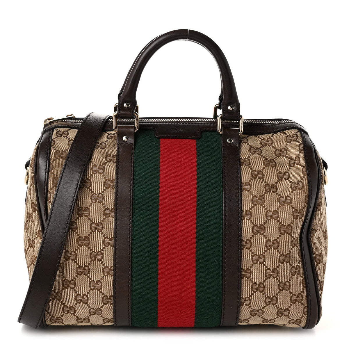 Gucci Monogram Vintage Web Medium Boston Dark Brown