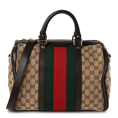 Gucci Monogram Vintage Web Medium Boston Dark Brown