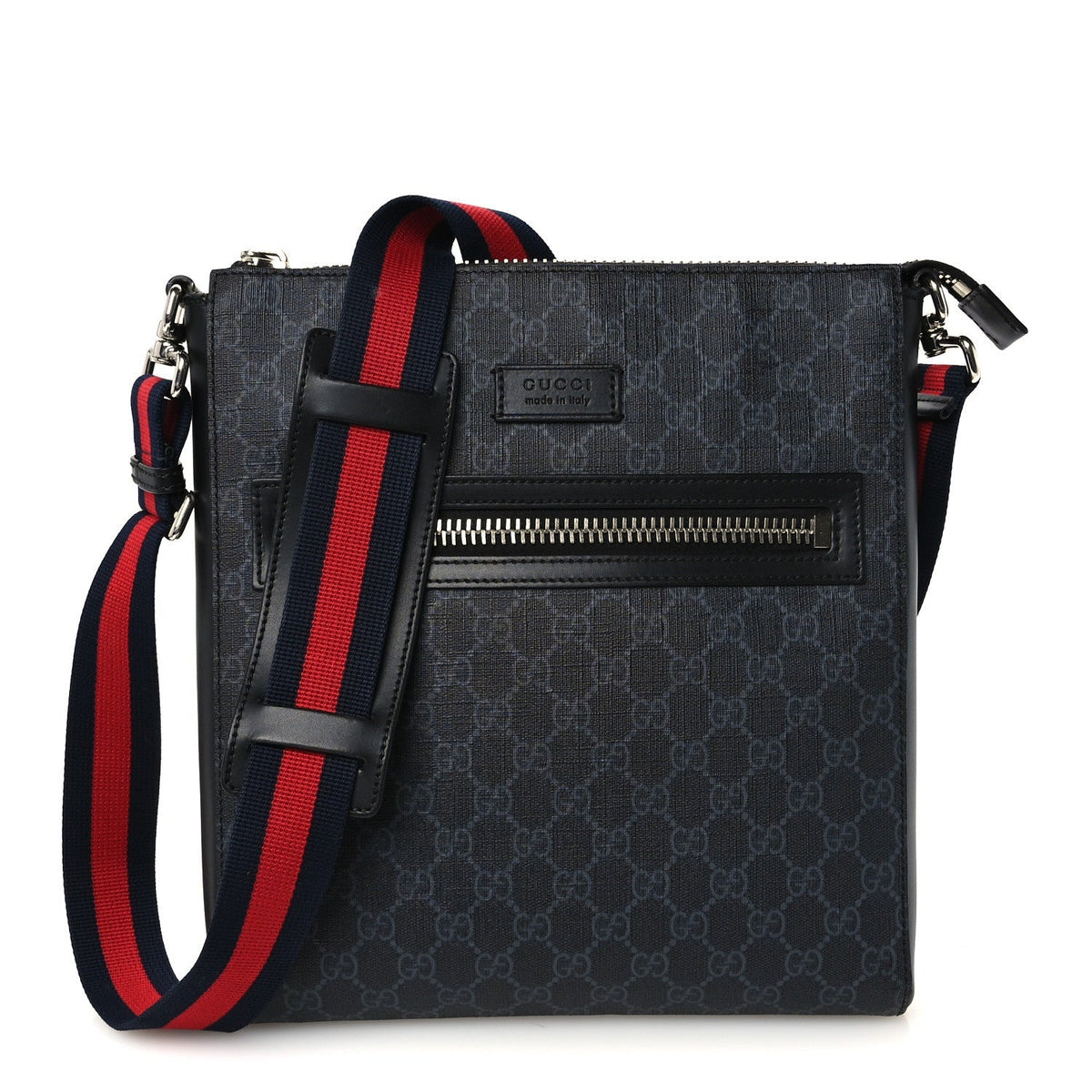 Gucci GG Supreme Calfskin Web Flat Messenger Bag Black Grey
