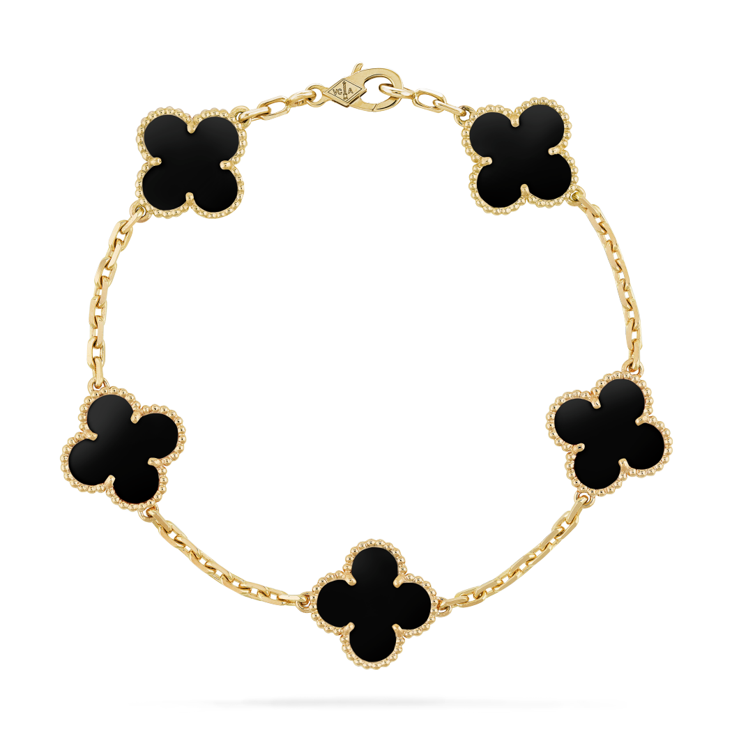 18K Yellow Gold Onyx VCA Vintage Alhambra Bracelet 5 Motifs