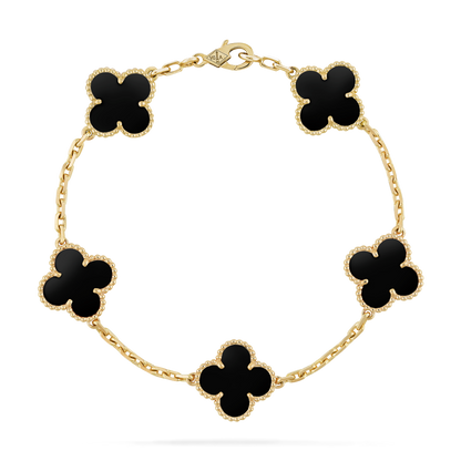 18K Yellow Gold Onyx VCA Vintage Alhambra Bracelet 5 Motifs