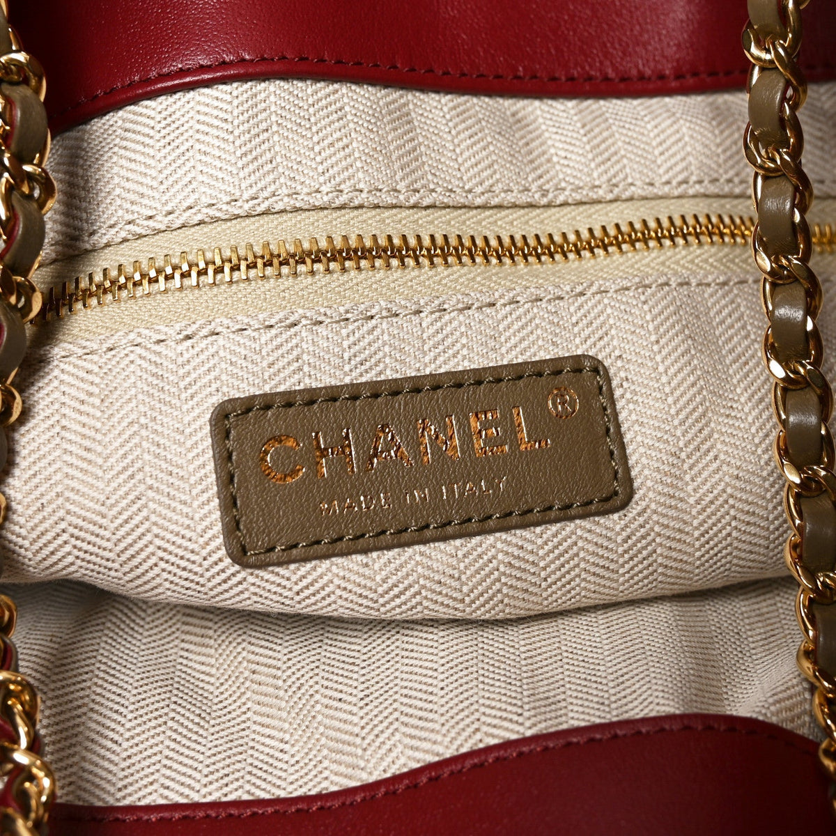 Chanel Lambskin Quilted Drawstring Shopping Bag Dark Khaki